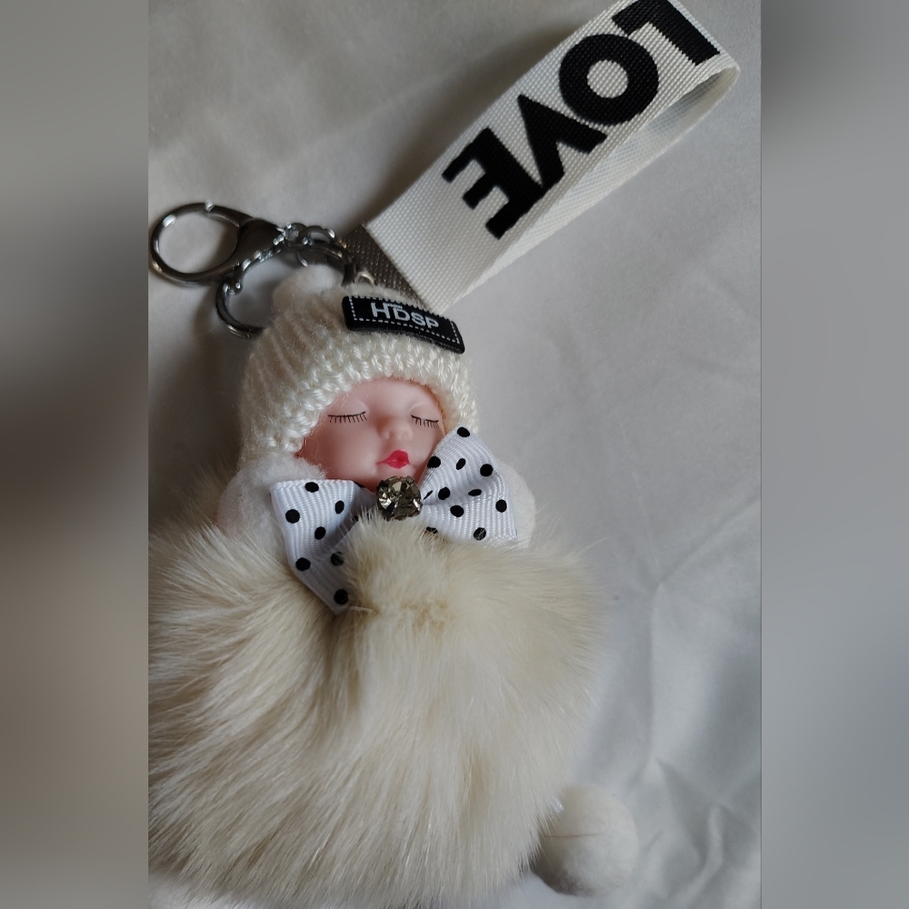 Cream Plush Sleeping Baby Keychain with Polka Dot Bow (New) - Picture 4 of 4